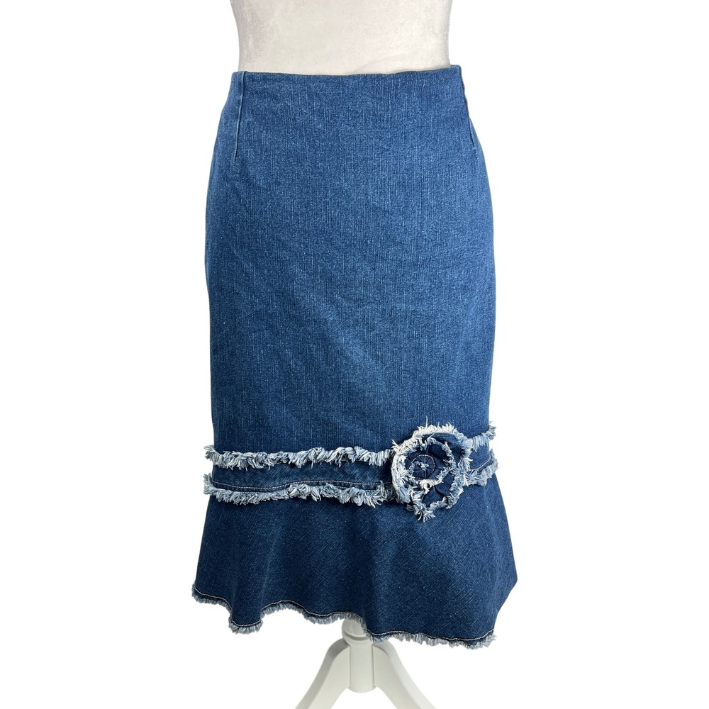 Quizz New York Y2K Denim Mermaid Midi Skirt Blue Frayed Rosette Size 16 Retro - Picture 1 of 7